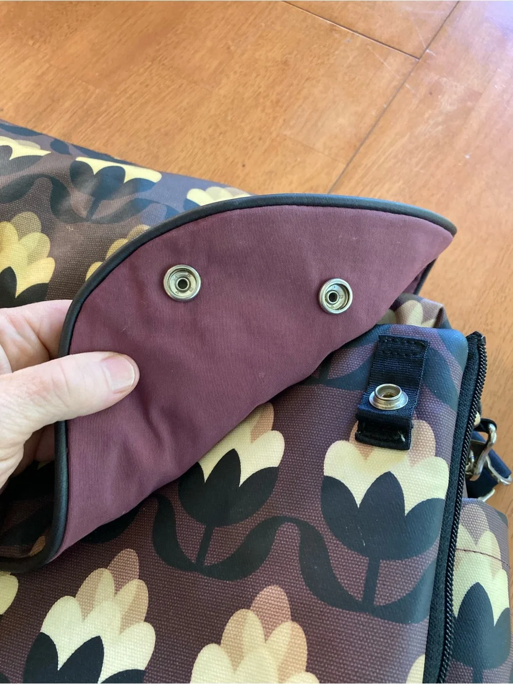 Petunia Pickle Bottom Brown Floral Messenger Diaper Bag with Yellow Tulip Motif